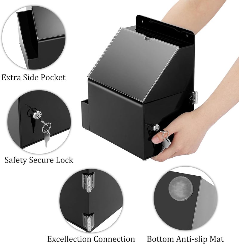 BTSKY Acrylic Suggestion Box With Lock Wall Mounted Acrylic Donation Box with 5"x7" Sign Slot Office Ballot Boxes with Side-Pocket Collection Boxes for Voting Locking Suggestion Mailbox, Black - Image 5